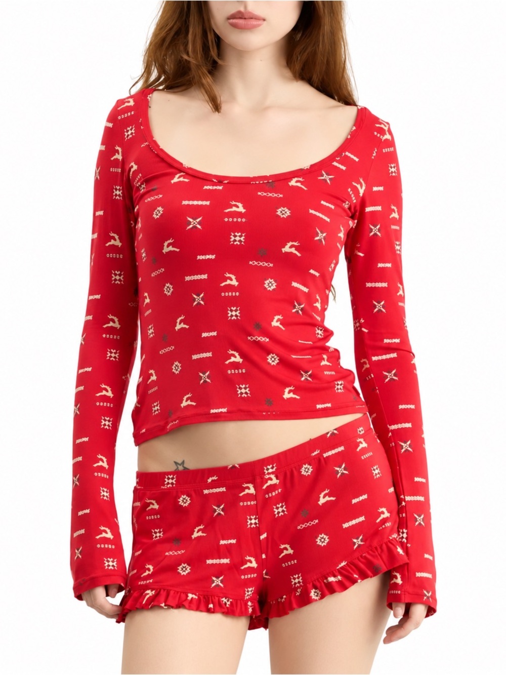 Skims Sleep Red Fair Isle Reindeer Pajama Set LS Ruffle Shorts Large NWT